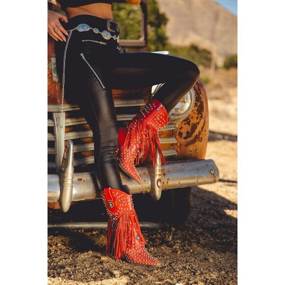 Red Fringe Rhinestone Embellishments Mid Calf Cowgirl Boots Turquoise Flower - Picture 5 of 7